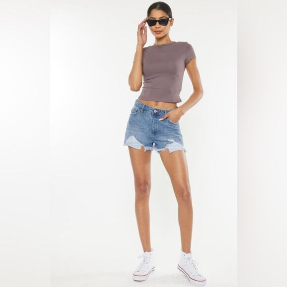 KanCan High Rise Medium Wash Frayed Distressed Shorts Light Wash Size 11/29 - Picture 3 of 13